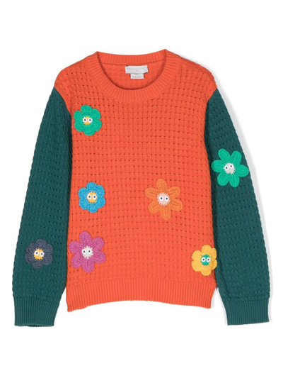 Shop Stella Mccartney Stella Mc Cartney Kids Flower-embroidered Colour-block Jumper In Orange
