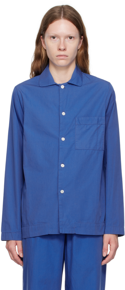 Shop Tekla Blue Button Pyjama Shirt In Royal Blue