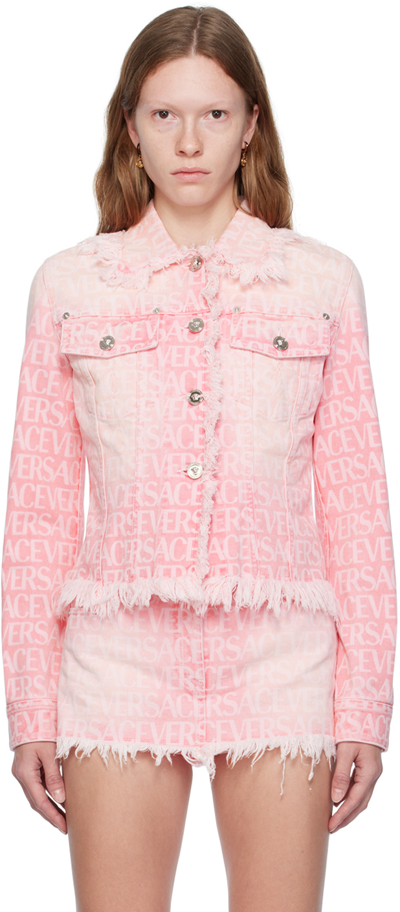 Shop Versace Pink Allover Denim Jacket In 1d560/flamingo Pink