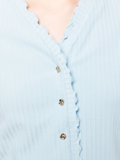 Shop Tout A Coup Ruffled-detail Ribbed-knit Cardigan In Blue