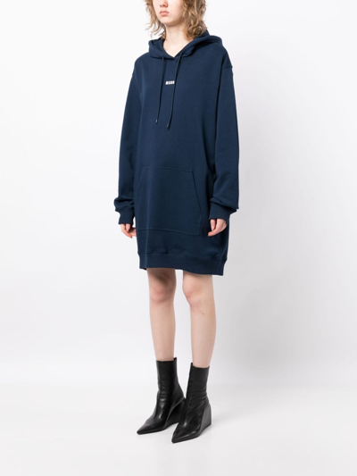 Shop Msgm Logo-print Cotton Hooded Dress In Blue