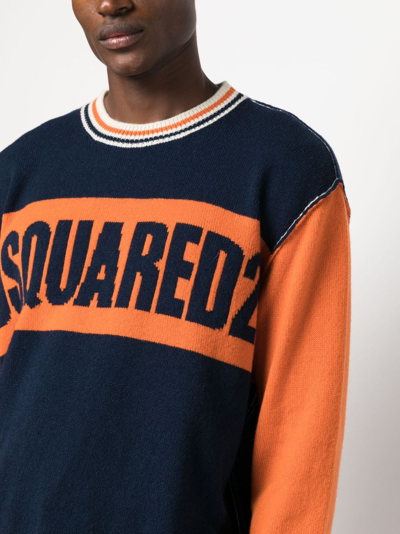 Shop Dsquared2 College Intarsia-knit Logo Crew-neck Jumper In Blue