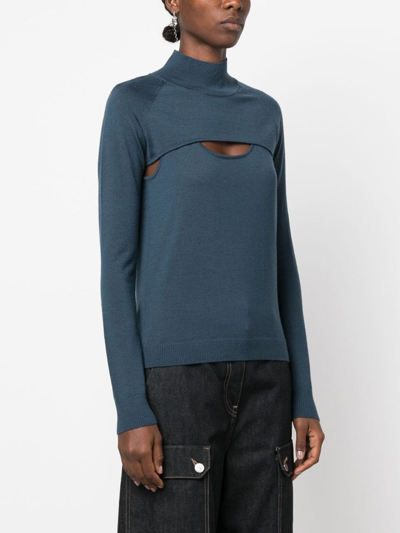 Shop Patrizia Pepe Long-sleeved Cut-out Wool T-shirt In Blue