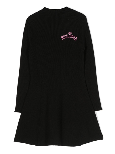 Shop John Richmond Junior Logo-embroidered Ribbed-knit Flared Dress In Black