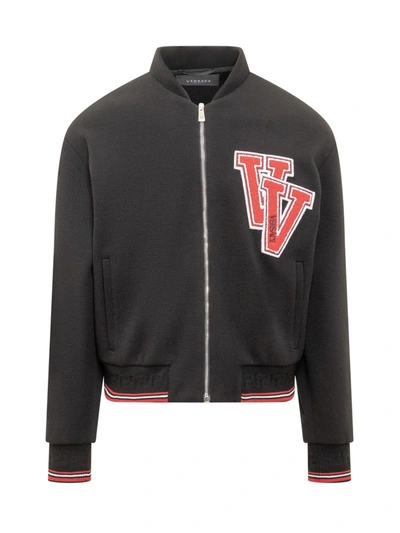 Shop Versace Logo Patch Zip-up Bomber Jacket In Default Title