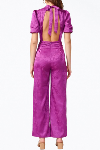 Shop Adelyn Rae Theo Open-back Sateen Jacquard Jumpsuit In Purple