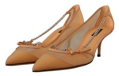 Shop Dolce & Gabbana Peach Mesh Leather Chains Heels Pumps Women's Shoes In Beige