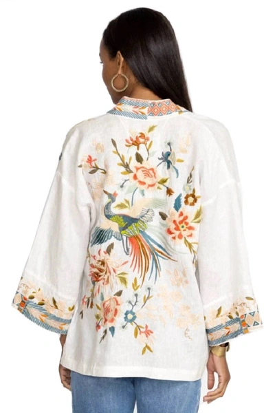 Johnny Was Ceretti Cropped Linen Kimono With Embroidered Detail In White