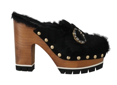 Shop Dolce & Gabbana Xiangao Fur Crystal Women's Mules In Black