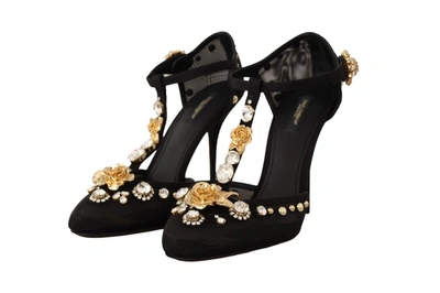 Shop Dolce & Gabbana Mesh Crystals T-strap Heels Pumps Women's Shoes In Black