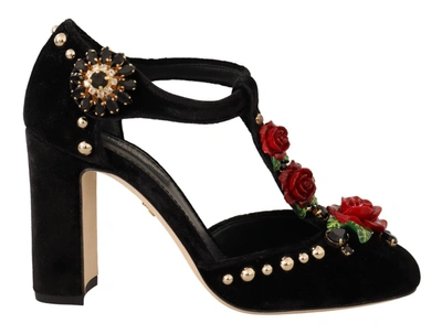 Shop Dolce & Gabbana Mary Jane Pumps Roses Crystals Women's Shoes In Black