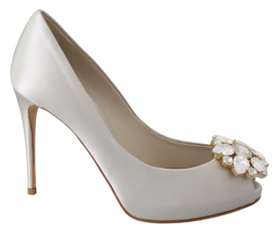 Shop Dolce & Gabbana Crystals Peep Toe Heels Satin Pumps Women's Shoes In White