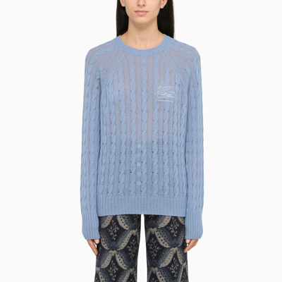 Shop Etro Light Blue Cable-knit Crew-neck Sweater