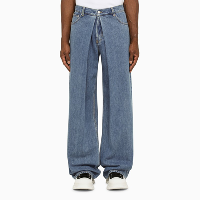 Shop Alexander Mcqueen Blue Washed Jeans With Pleats