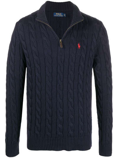 Polo Ralph Lauren Logo-embroidered Half-zip Cotton-knit Sweater In Blue