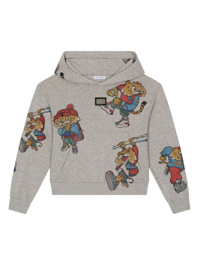 Dolce & Gabbana Printed Cotton Hoodie W/metal Logo In Grey
