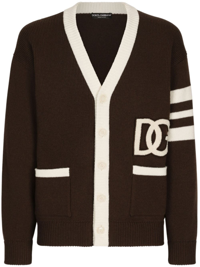 Shop Dolce & Gabbana Logo-patch V-neck Cardigan In Brown