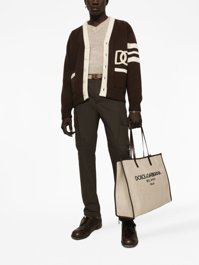 Shop Dolce & Gabbana Logo-patch V-neck Cardigan In Brown