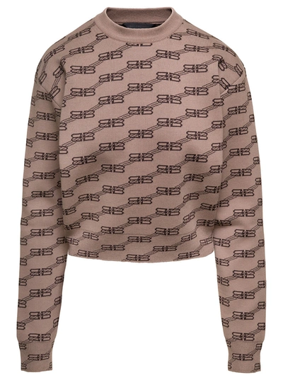 Shop Balenciaga Beige Crewneck Sweater With All-over Jacquard Logo In Cotton Woman