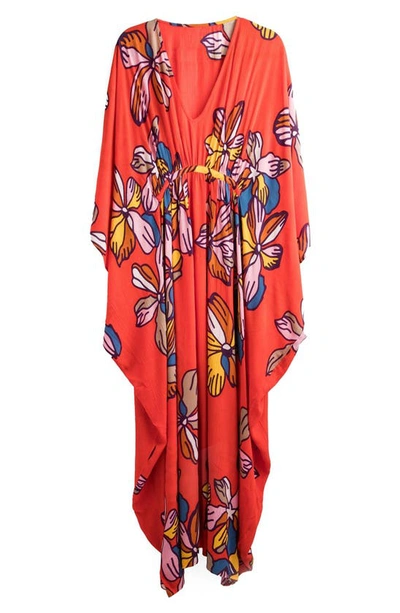 Saachi Tropical Kaftan Short Sleeve Dress In Red In Red