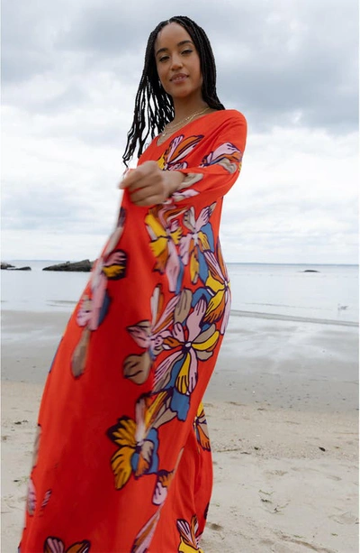 Saachi Tropical Kaftan Short Sleeve Dress In Red In Red