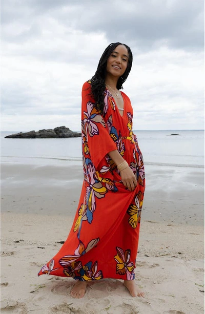 Saachi Tropical Kaftan Short Sleeve Dress In Red In Red