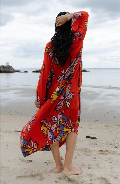 Saachi Tropical Kaftan Short Sleeve Dress In Red In Red