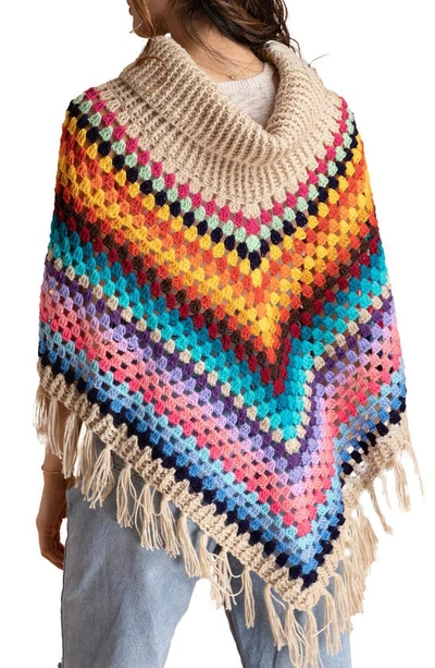 Saachi Earth To Sky Rainbow Stripe Crocheted Poncho In Beige