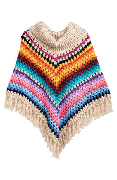 Saachi Earth To Sky Rainbow Stripe Crocheted Poncho In Beige