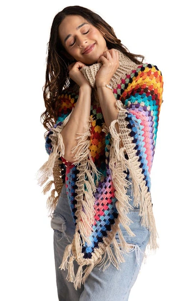 Saachi Earth To Sky Rainbow Stripe Crocheted Poncho In Beige