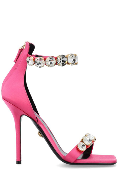 Shop Versace Embellished Square Toe Sandals In Pink
