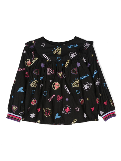 Shop Sonia Rykiel Enfant Embroidered-motif Cotton Blouse In Black