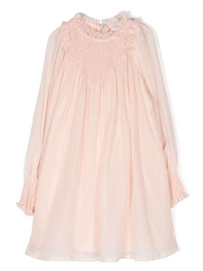 Shop Chloé Ruffle-trim Wool-cotton Flared Dress In Pink