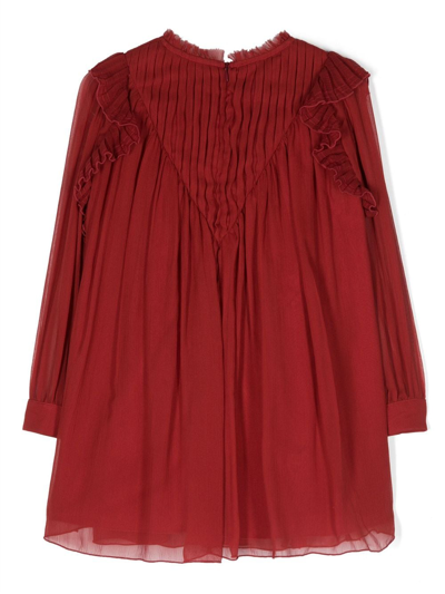 Shop Chloé Pleated Shift Silk Dress In Red
