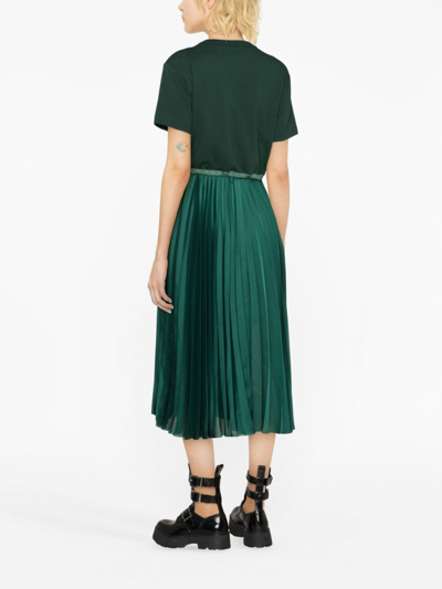 Shop Sacai Panelled Pleated Midi Dress In Green