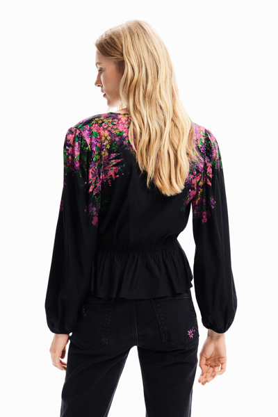 Desigual Digital Floral Wrap Blouse In Black