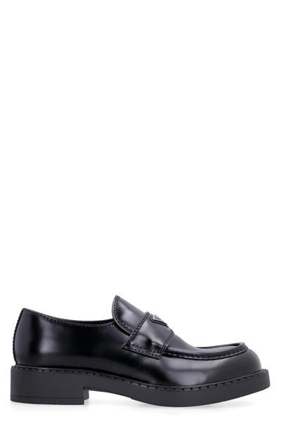 Shop Prada Chocolate Leather Loafers In Nero