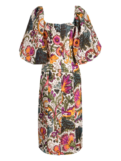 Shop Rhode Floral-print Linen Dress In Weiss