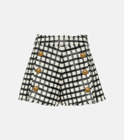 Shop Balmain High-rise Checked Wool-blend Shorts In Multicoloured