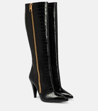 Shop Tom Ford Croc-effect Leather Knee-high Boots In Black