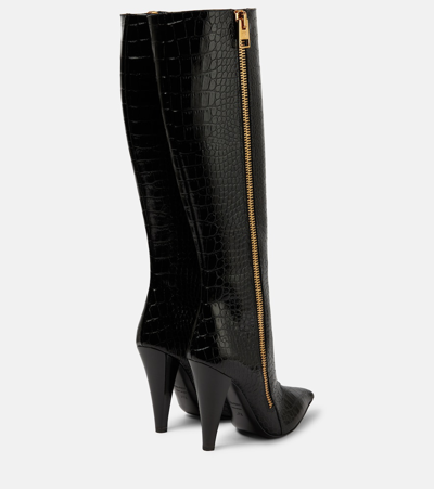 Shop Tom Ford Croc-effect Leather Knee-high Boots In Black