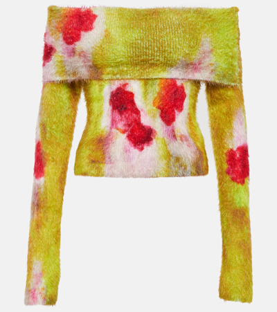 Shop Acne Studios Floral Off-shoulder Knit Sweater In Multicoloured