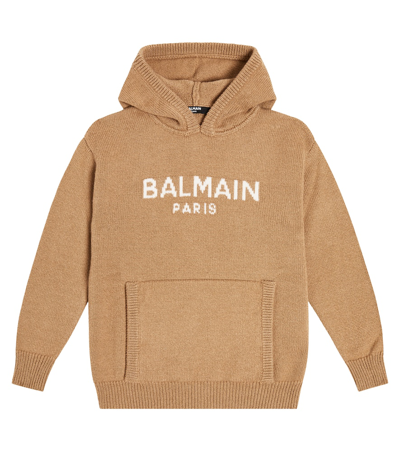 Shop Balmain Logo Intarsia Wool And Cashmere Hoodie In Beige