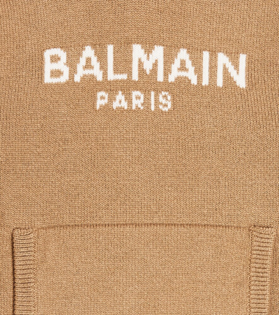 Shop Balmain Logo Intarsia Wool And Cashmere Hoodie In Beige