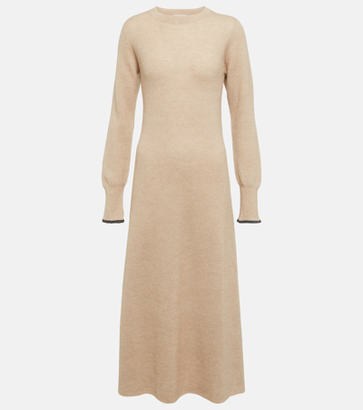 Shop Brunello Cucinelli Alpaca And Cotton-blend Midi Dress In Beige
