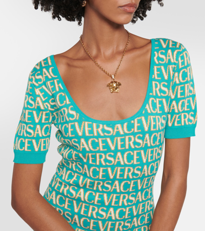 Shop Versace Allover Intarsia Minidress In Multicoloured