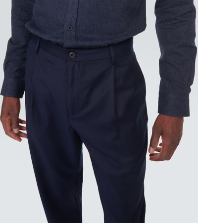 Shop Sunspel Pleated Wool Flannel Straight Pants In Blue