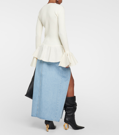 Shop Jw Anderson Ruffled Ribbed-knit Wool Sweater In White