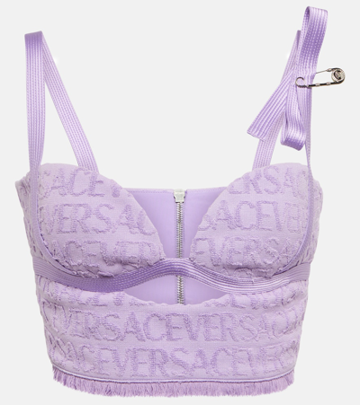 Shop Versace Allover Cutout Cotton Bustier In Purple