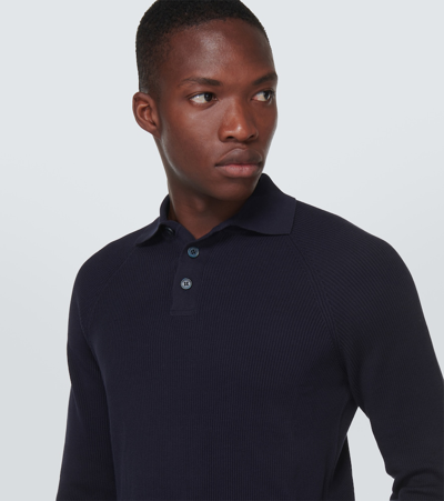 Shop Brunello Cucinelli Ribbed-knit Cotton Polo Sweater In Blue